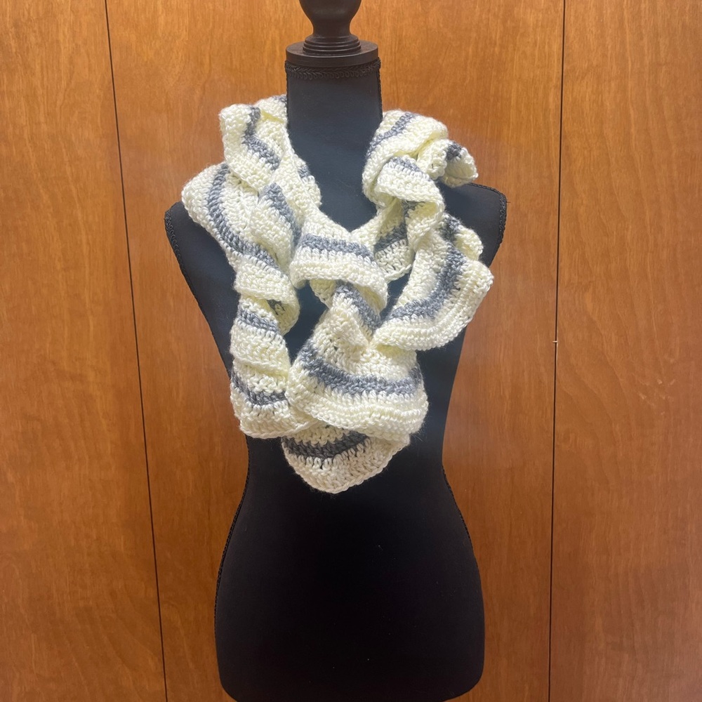 Handmade Cream and Gray Crochet Scarf